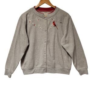 Embroidered Cardinal Button Front Cardigan Sweatshirt Women's L Birds Holiday